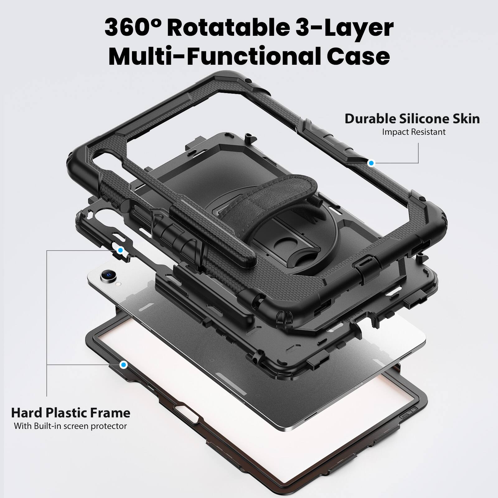 360° Rotatable 3-Layer Multi-Functional Case

Durable Silicone Skin
Impact Resistant

Hard Plastic Frame
With Built-in screen protector