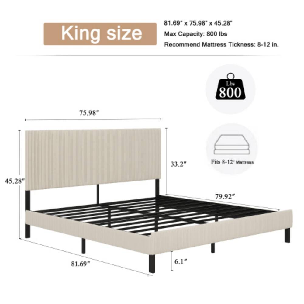 King size  
81.69" x 75.98" x 45.28"  
Max Capacity: 800 lbs  
Recommend Mattress Thickness: 8-12 in.  

Lbs 800  
Fits 8-12" Mattress  

75.98"  
45.28"  
81.69"  
33.2"  
79.92"  
6.1"
