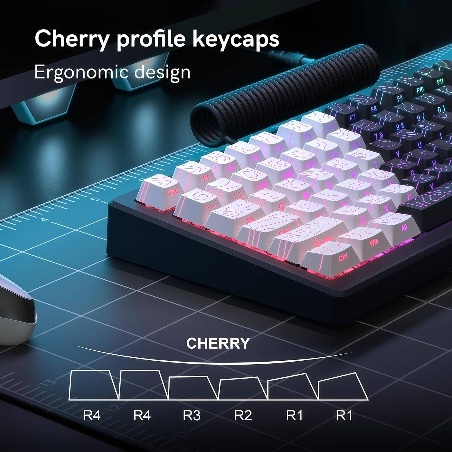 Cherry profile keycaps  
Ergonomic design  

F1 F10 F9 F8 0.1 F7 9( F5 16 7& 8# FA U F 5l Y 4S T H. F2 FI 36 G 5 RsG E S V S 10 1! W C  0 X d 1, det 2 fun All A - Wi Cirl  

CHERRY 13 R4 12 R4 R3 R2 R1 R1