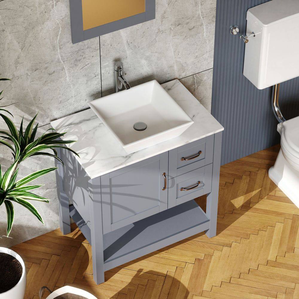 Angle. Kadyn - 30" Bathroom Vanity and Sink Combo - Marble Pattern Top with Mirror, Faucet & Drain, Gray - Gray.