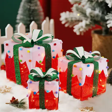 Front. RTMB - Set of 3 LED Lighted Gift Boxes w/ Green Bows & Colorful Accents - multicolor.