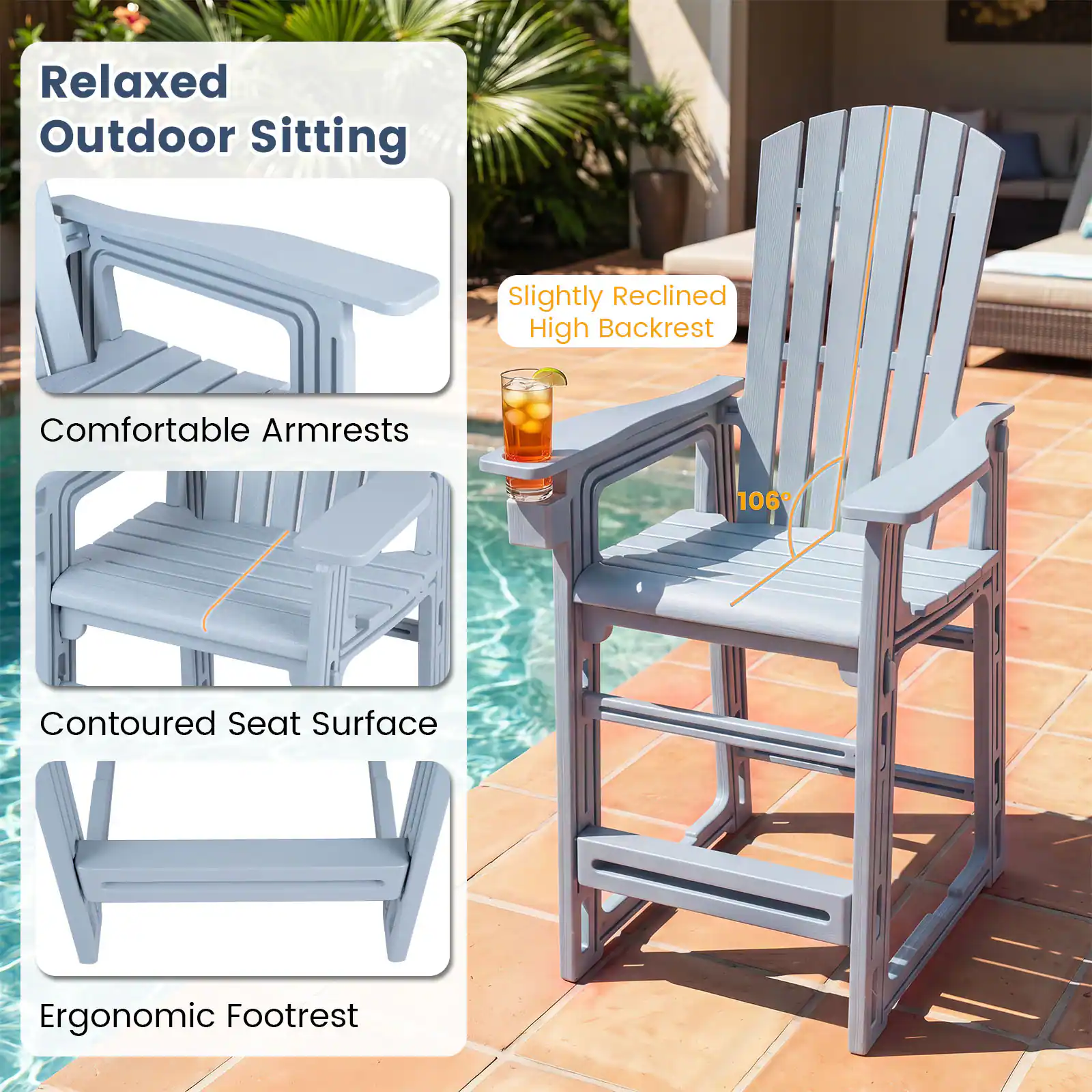 Relaxed Outdoor Sitting  
Slightly Reclined High Backrest  
Comfortable Armrests  
Contoured Seat Surface  
Ergonomic Footrest