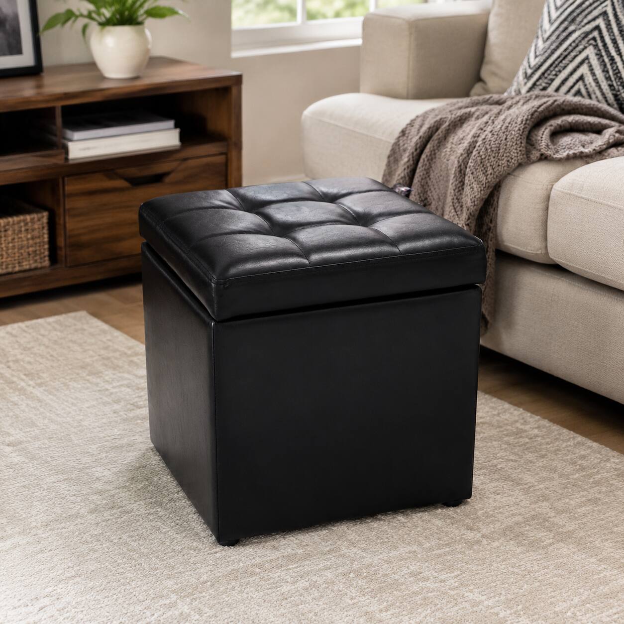 Front. WELLFOR - 16 Inch PU Leather Ottoman with Hinge Top for Storage - Black.