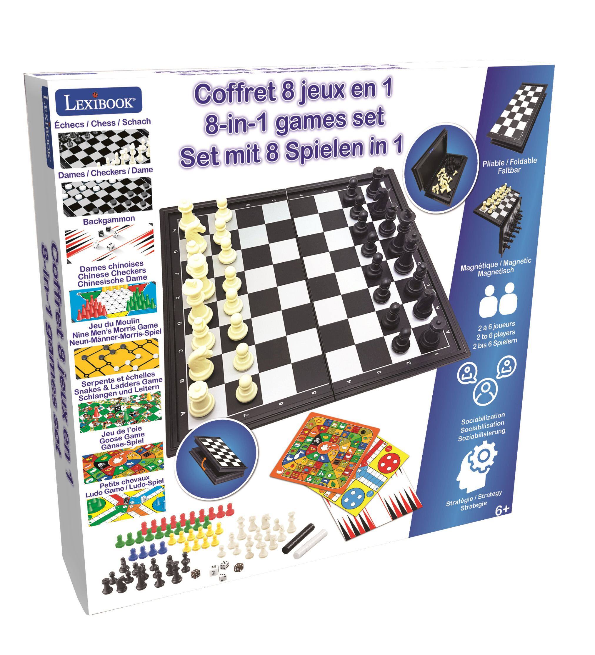 LEXIBOOK Chess Schach I Checkers I Dame Dames Coffret 8 jeux en 1 8-in-1 games set 8 Spielen in 1 Set mit Pliable Foldable Faitbar Backgammon Dames chinoises Chinese Checkers n1 Chinesische Dame Coffret Neun-Männer-Morris-Spiel Nine Men's Morris Moulin Game et chelles Serpents Ladders Game Snakes & Ladders und Schlangen JO jeux en Goose Ganse-Spiel Jeu de Game loie Y Petits chevaux Ludo-Spiel Ludo Game Magnetique I Magnetic Magnetisch 2 3 6 joueurs 2 to 6 players 2 bis 6 Spielern Sociabilization Sociabilisation Soziabilisierung / Strategy Stratégie Strategie 6+