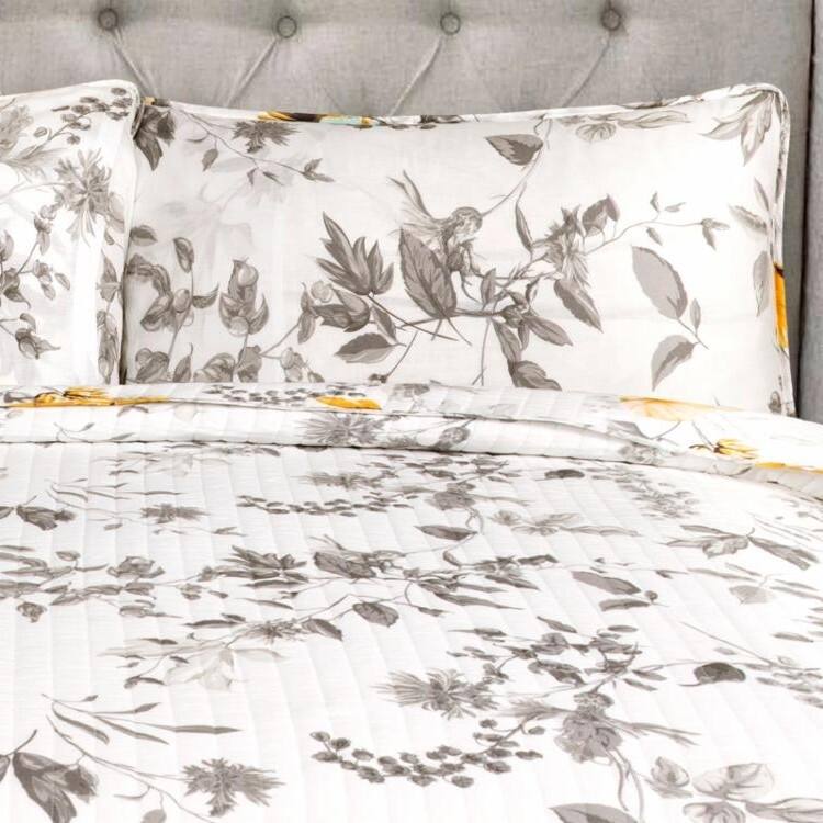 Alt View 1. Hivvago - Full/Queen 3 Piece White Yellow Grey Reversible Floral Birds Cotton Quilt Set - Grey, Yellow.