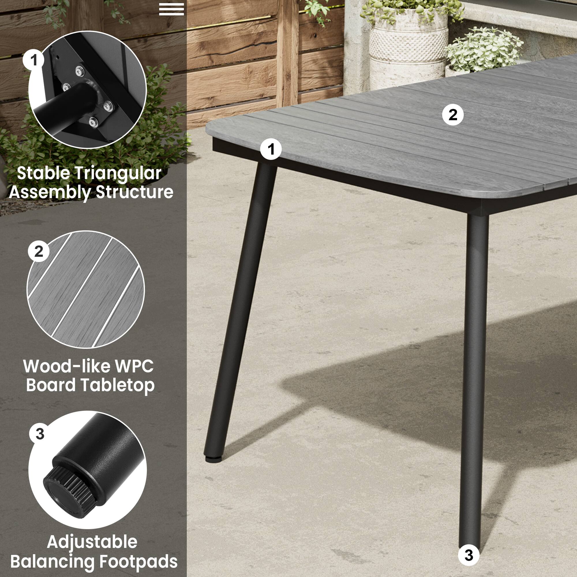 1. Stable Triangular Assembly Structure  
2. Wood-like WPC Board Tabletop  
3. Adjustable Balancing Footpads