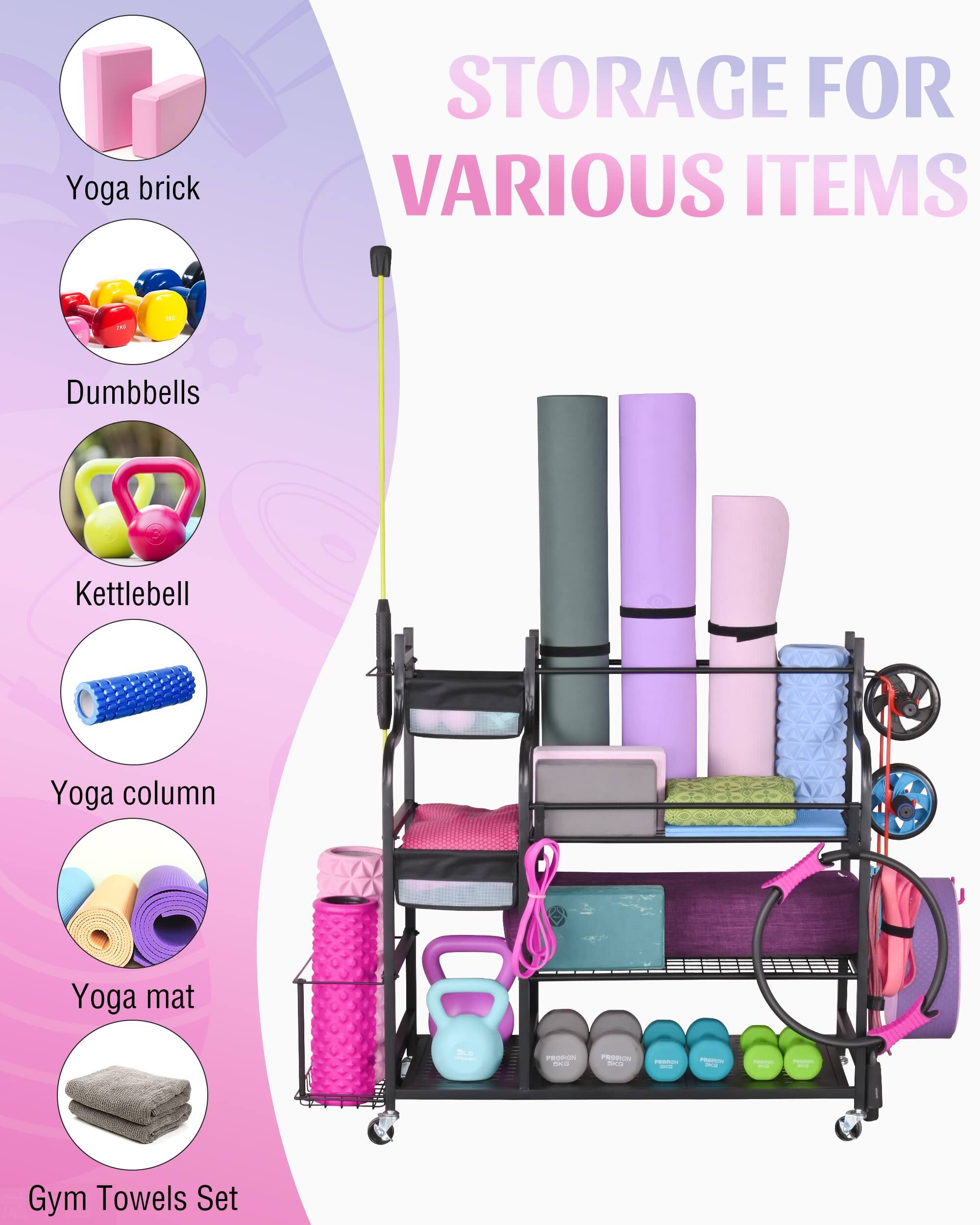 - Yoga brick
- Dumbbells
- Kettlebell
- Yoga column
- Yoga mat
- Gym Towels Set

STORAGE FOR VARIOUS ITEMS