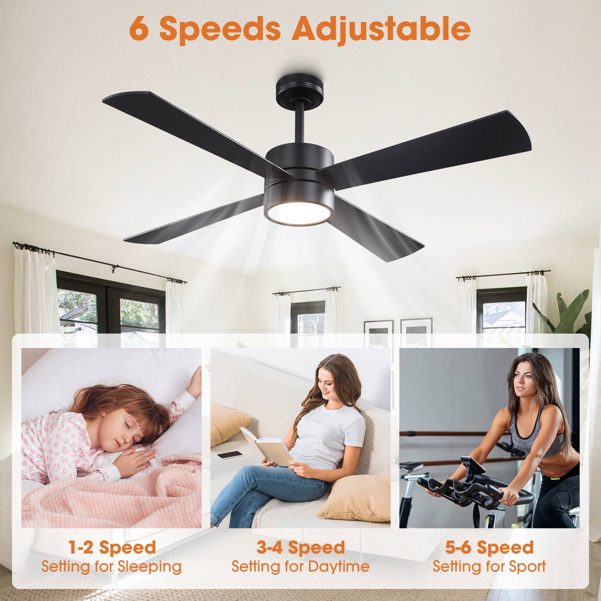 6 Speeds Adjustable

1-2 Speed Setting for Sleeping

3-4 Speed Setting for Daytime

5-6 Speed Setting for Sport