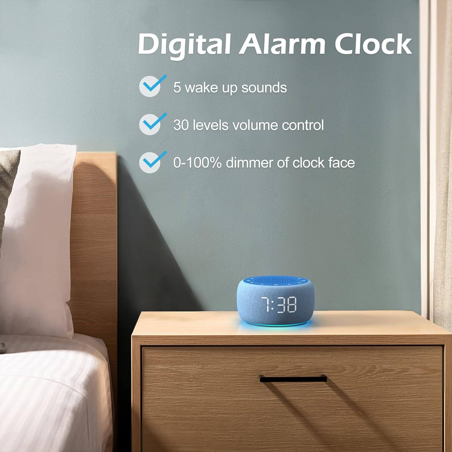 Digital Alarm Clock  
- 5 wake up sounds  
- 30 levels volume control  
- 0-100% dimmer of clock face  

7:38