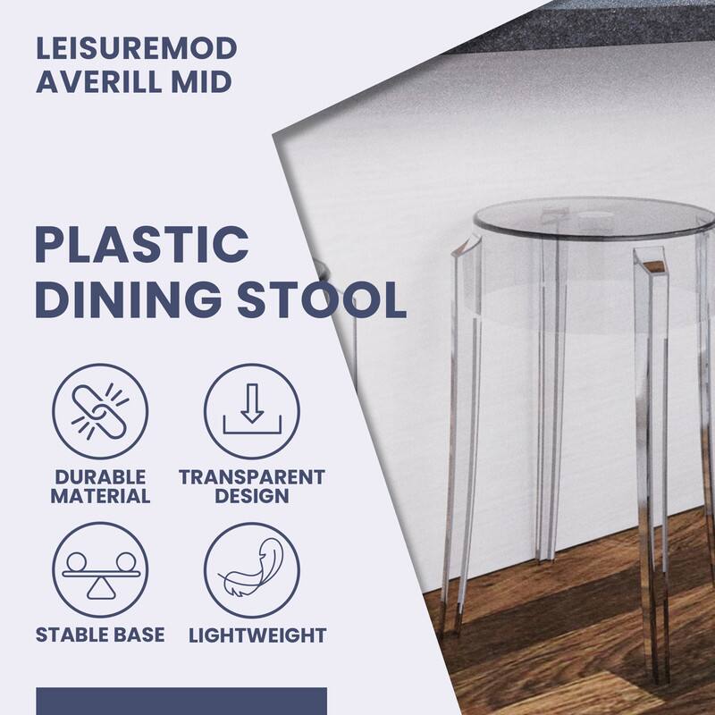 LEISUREMOD AVERILL MID  
PLASTIC DINING STOOL  
DURABLE TRANSPARENT MATERIAL DESIGN  
STABLE BASE LIGHTWEIGHT