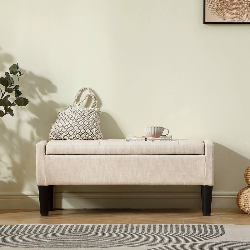 Pinmoco - 42 inch Linen Upholstered Bench Tufted Storage Seat with Safety Hinge - Off-White