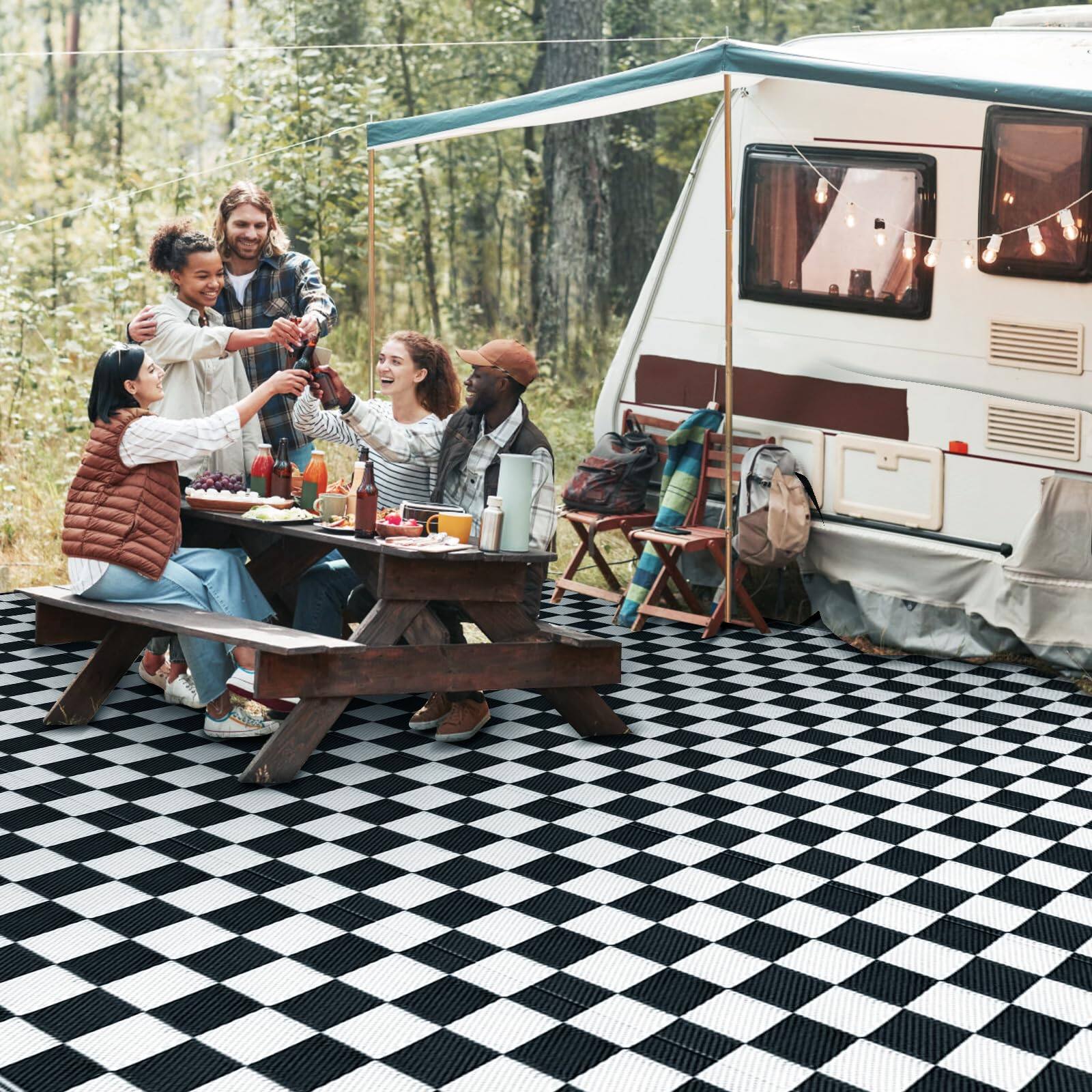Front. Cedar Assembly - Outdoor Camping Rug Waterproof Reversible Stain & Uv Resistant Plastic Straw Rv For Outside Patio Porch Poo... - Classic Checkerboard-9' x 12' (Rectangular).