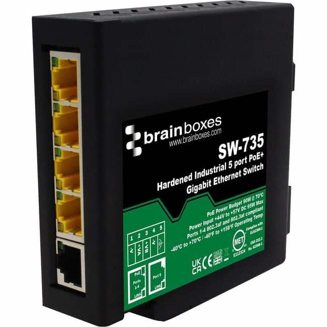 Brainboxes - Hardened Industrial 5 Port PoE+ Gigabit Ethernet Switch - 5 Ports - Gigabit Ethernet - 10/100/1000Base-T - 2 - Unknown