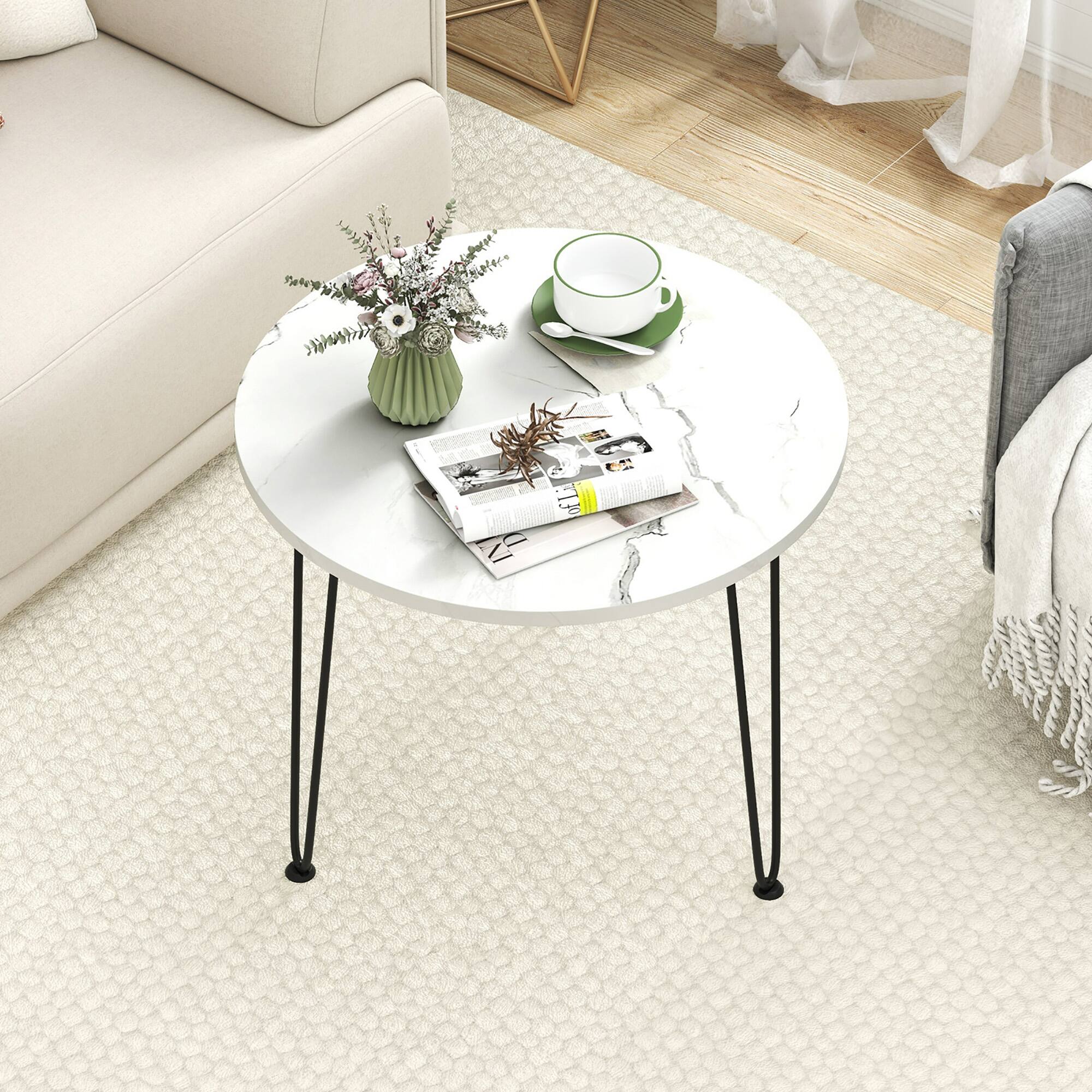 Alt View 1. Gymax - Gymax Small Round Coffee Table w/ Thickened Tabletop & Metal Tripod Legs Faux Marble White - White.