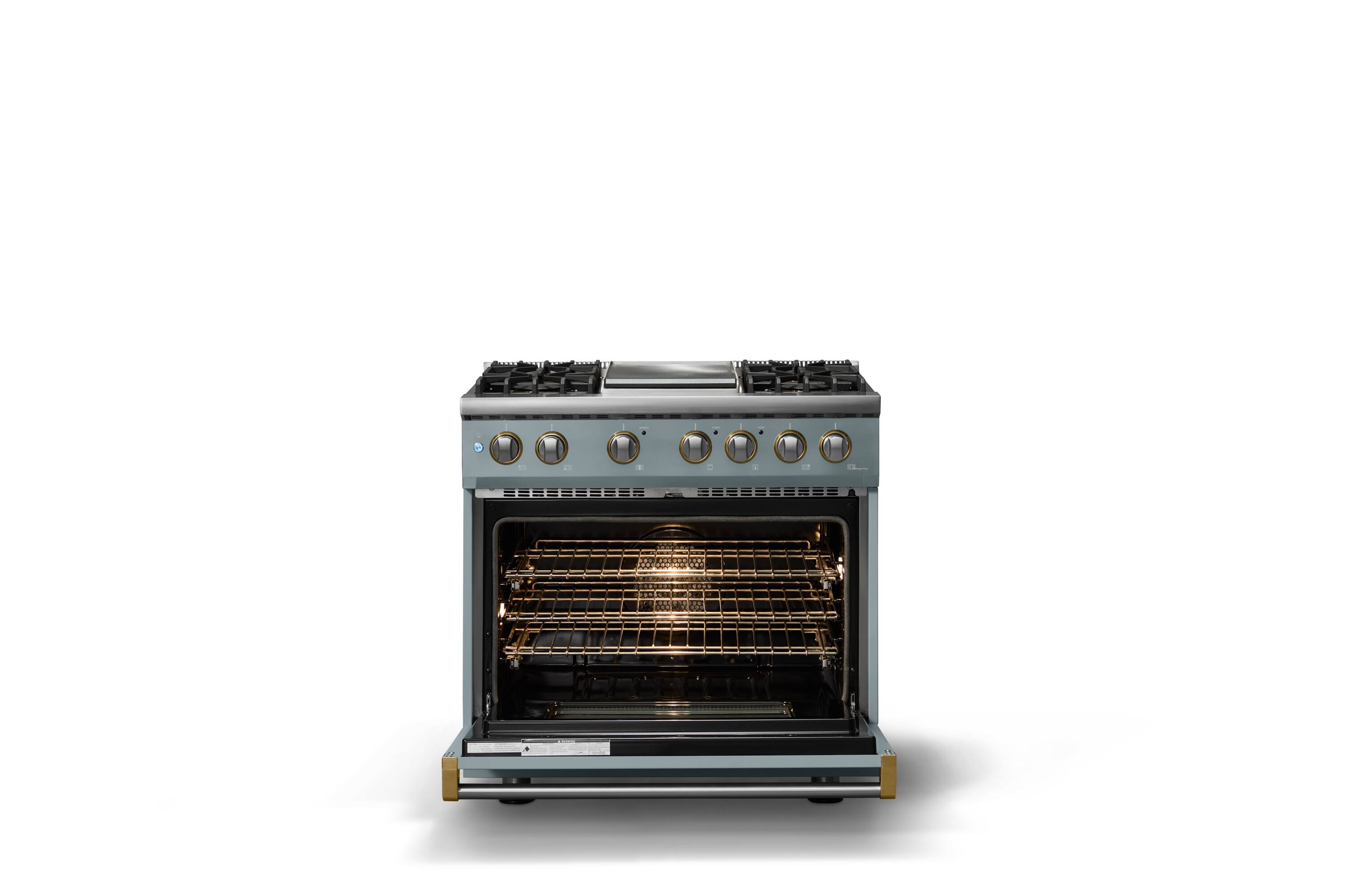 Alt View 2. Viking - 36"W. Pro5S 5.6 Cu. Ft. Freestanding Self-Clean Sealed 4B Dual Fuel Convection Range/Grdl-November Sky/Brushed Brass - November Sky.