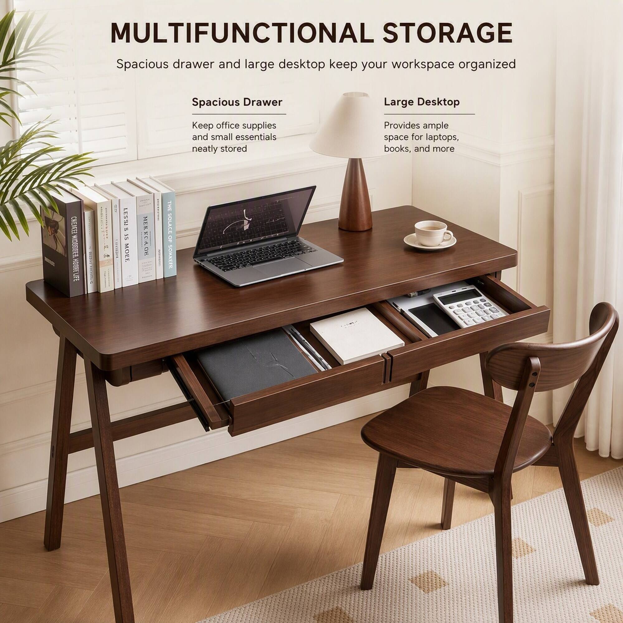 MULTIFUNCTIONAL STORAGE  
Spacious drawer and large desktop keep your workspace organized

Spacious Drawer  
Keep office supplies and small essentials neatly stored

Large Desktop  
Provides ample space for laptops, books, and more

CHEMEZ WIDGEEZ  
LIFE  
WILLERS  
0g LESS! 35 MOEF  
MER ROVOR  
THE SOLVCE OF SONKEER