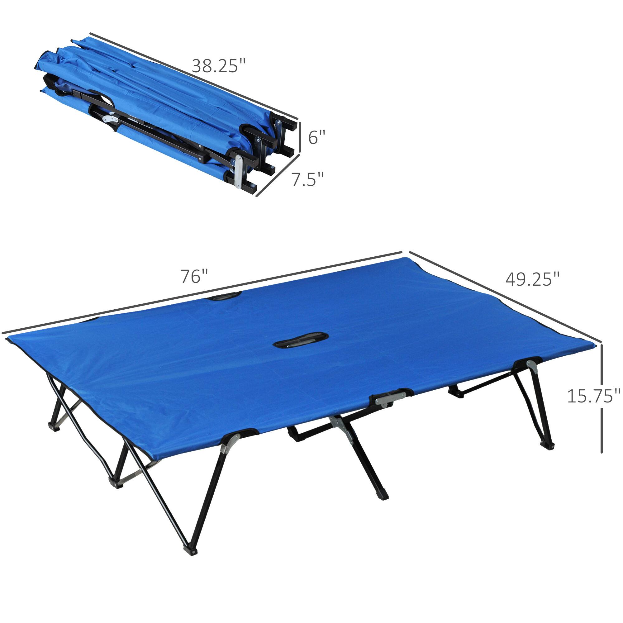 The dimensions of the blue folding table are:

- Length: 76"
- Width: 49.25"
- Height: 15.75"
- Folded Length: 38.25"
- Folded Width: 7.5"
- Folded Height: 6"