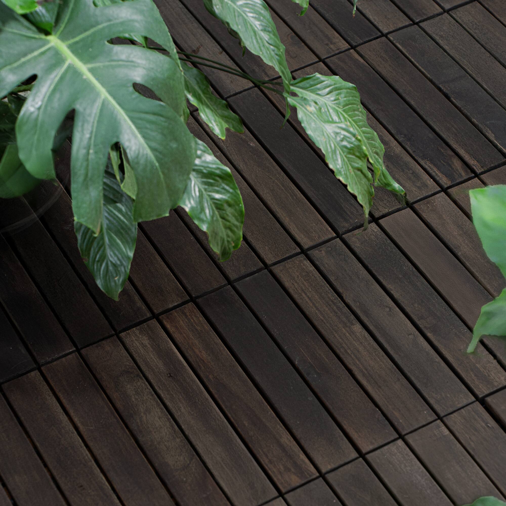 Angle. GOODSILO - Interlocking Deck Tiles Striped Pattern, 12" x 12" Square Acacia Hardwood Outdoor Flooring for Patio, Balcony, Pool Side - Dark Brown.