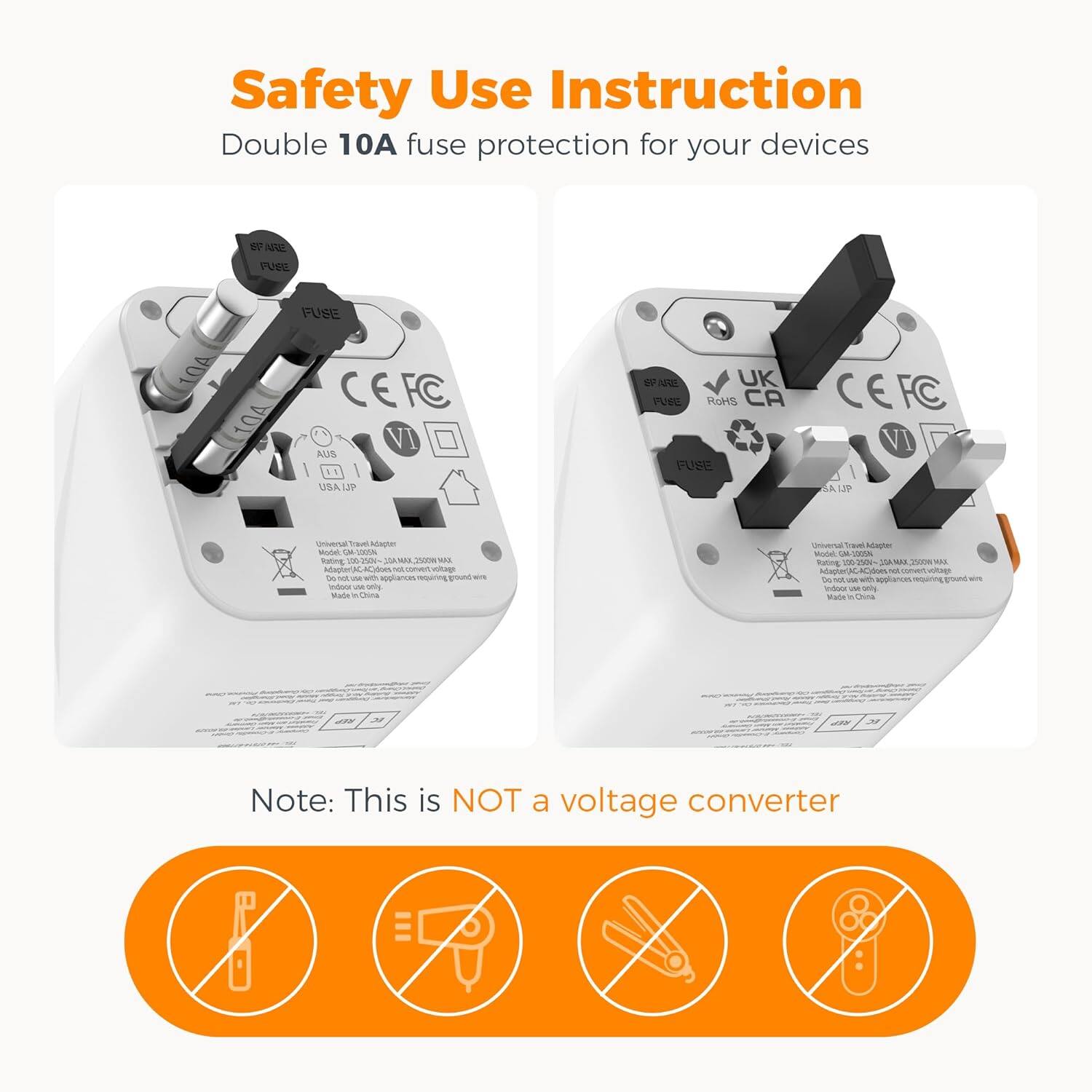 Safety Use Instruction  
Double 10A fuse protection for your devices  

Note: This is NOT a voltage converter