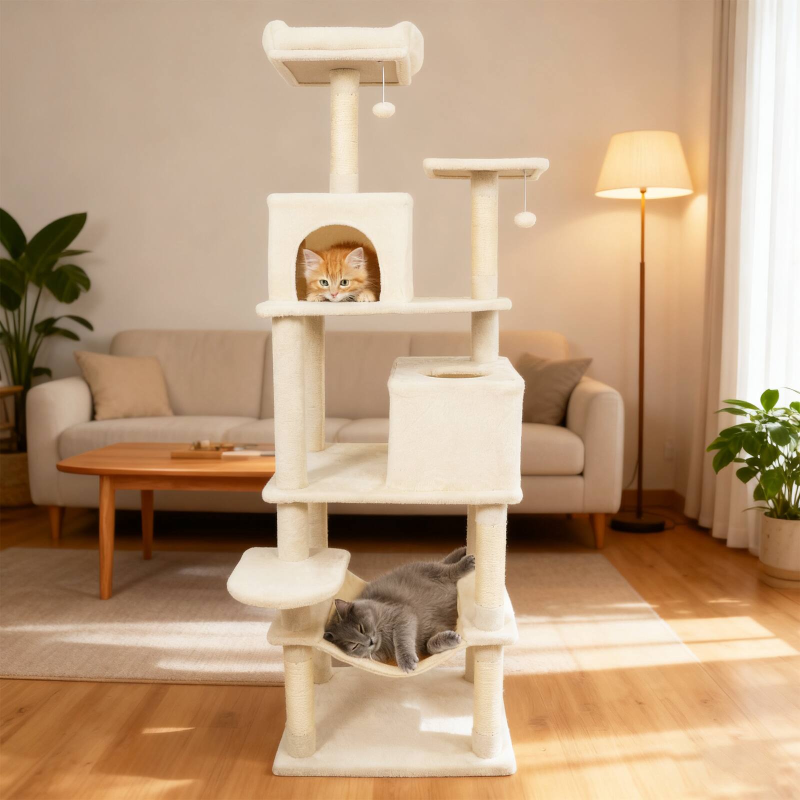 Alt View 4. Costway - Costway 70" Cat Tree for Indoor Cats with Padded Top Perch, Dual Condos, Hammock, Platforms - Beige.