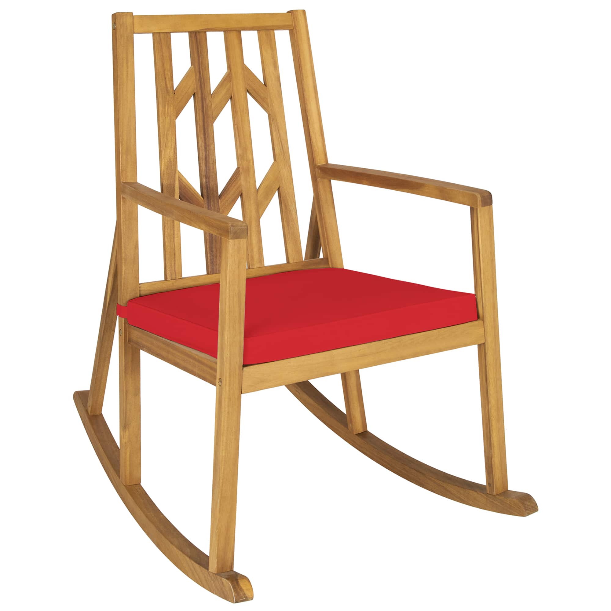 Front. Gymax - Gymax Outdoor Acacia Wood Rocking Chair Wooden Patio Rocker w/ Red Cushion - Red.