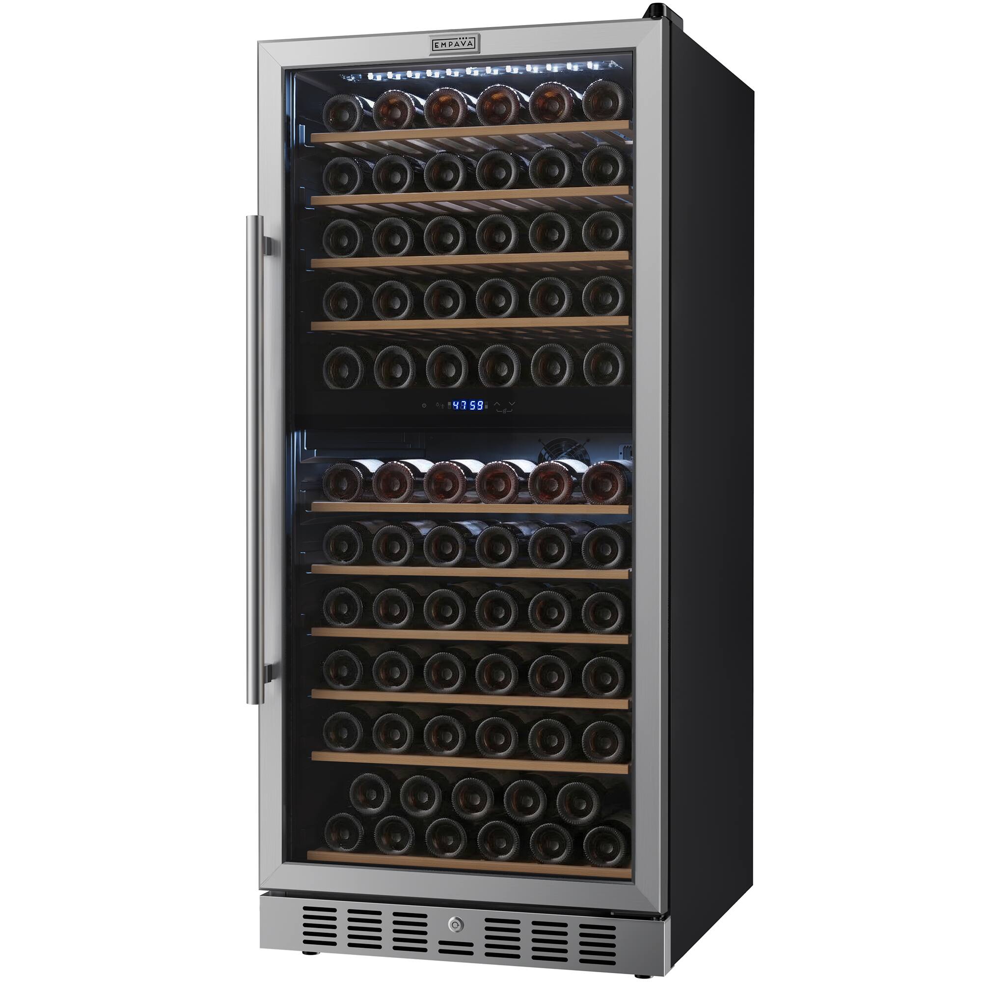 Angle. Empava - 23.43 In. 119-bottle Dual Zone Freestanding Wine Cooler - Compressor Cooling, 10 Shelves, Wine Fridge 41-64°F In Black - Black.