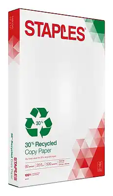 STAPLES
30% Recycled Copy Paper
Our paper is made from 30% recycled paper
$2 per ream
20 sheets x 500 sheets
100% Recycled Content