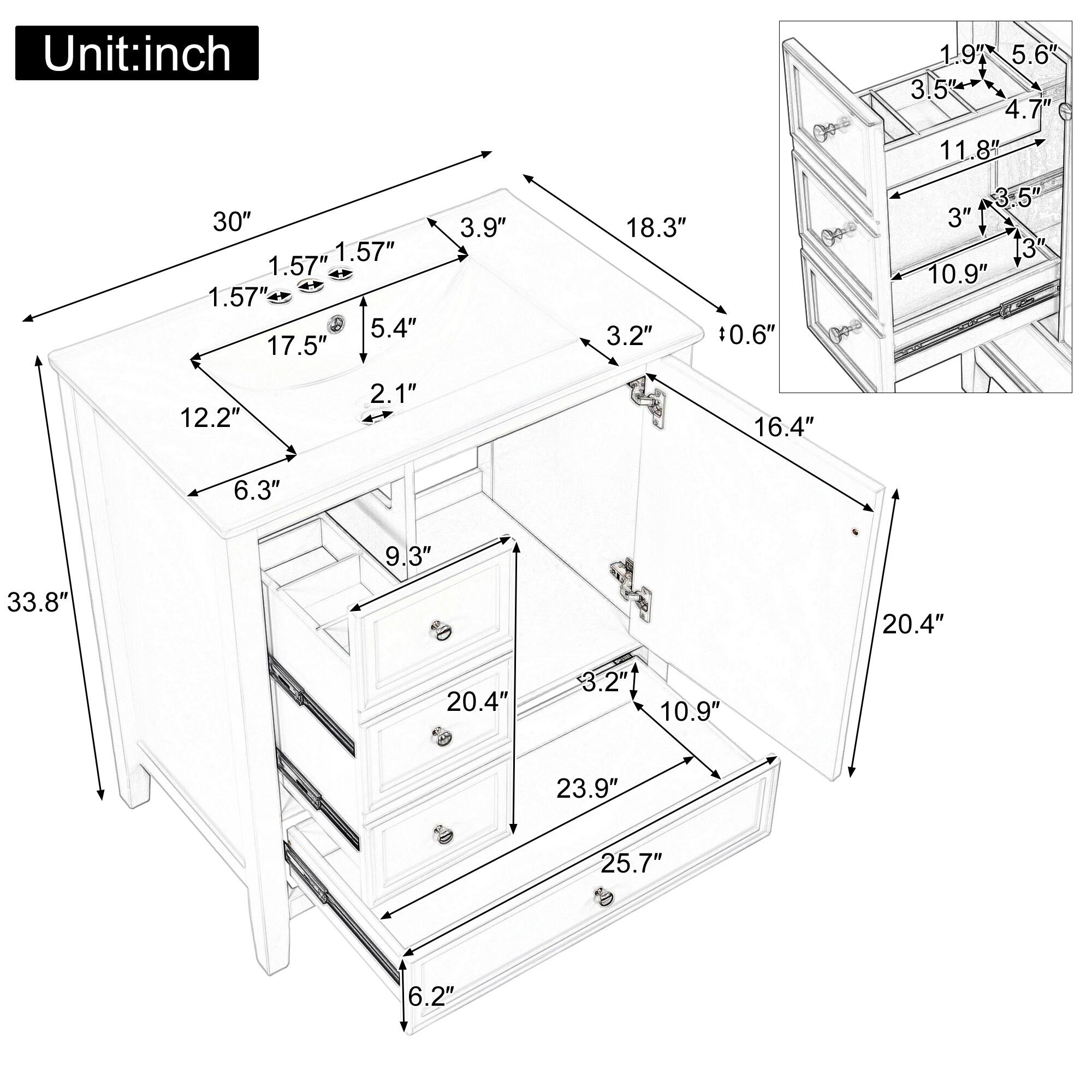 Unit: inch

1.9" 5.6" 3.5" 4.7" 11.8" 30" 1.57" 1.57" 1.57" 5.4" 17.5" 3.9" 18.3" 3.2" 0.6" 3.5" 3" 3" 10.9" 12.2" 2.1" 16.4" 6.3" 9.3" 33.8" 20.4" 20.4" 3.2" 10.9" 23.9" 25.7" 6.2"