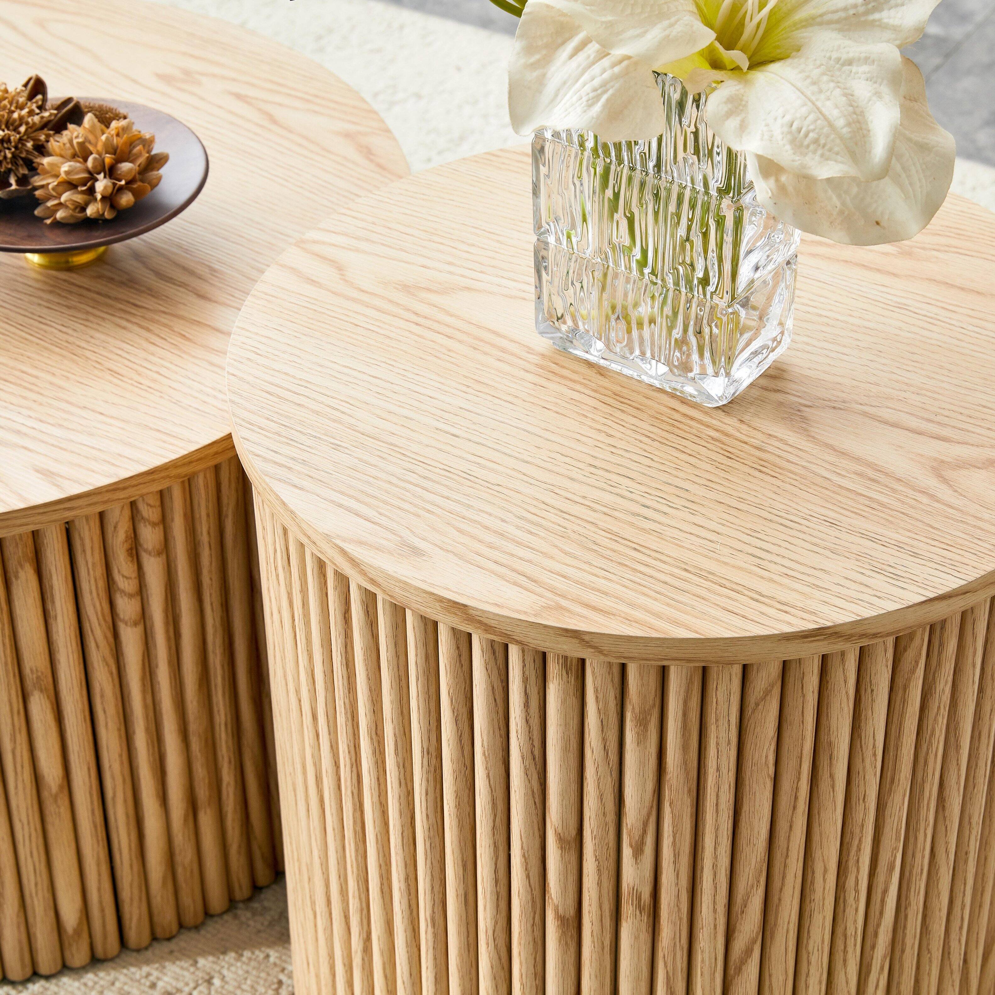 Alt View 5. Loheer - Loheer- 2.6ft Round Nesting Coffee Table Set with Storage Roman Column Light Wood Grain Side Tables for Living Room - Wood.