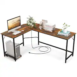 Costway - L-Shaped Gaming Desk with Power Outlets - Rustic Brown