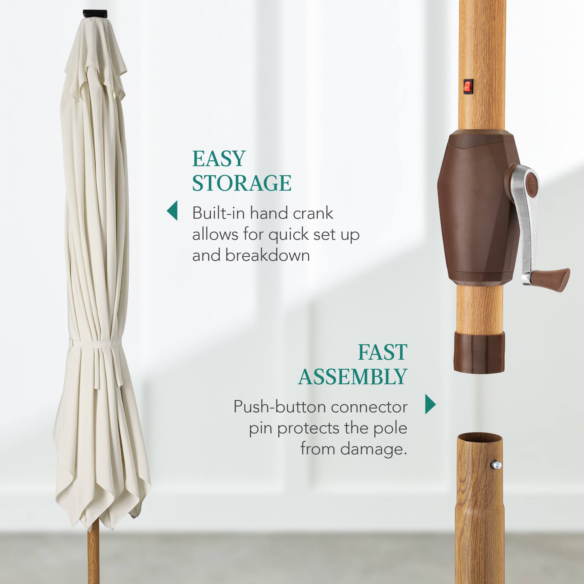 EASY STORAGE: Built-in hand crank allows for quick set up and breakdown. FAST ASSEMBLY: Push-button connector pin protects the pole from damage.