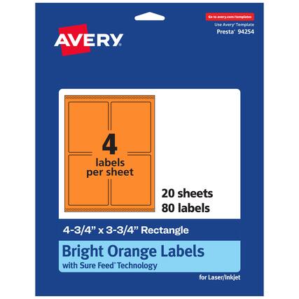 Go to avery.com/templates
AVERY
Use Avery Template Presta 94254
4 labels per sheet
20 sheets
80 labels
4-3/4" x 3-3/4" Rectangle
Bright Orange Labels with Sure Feed Technology for Laser/Inkjet