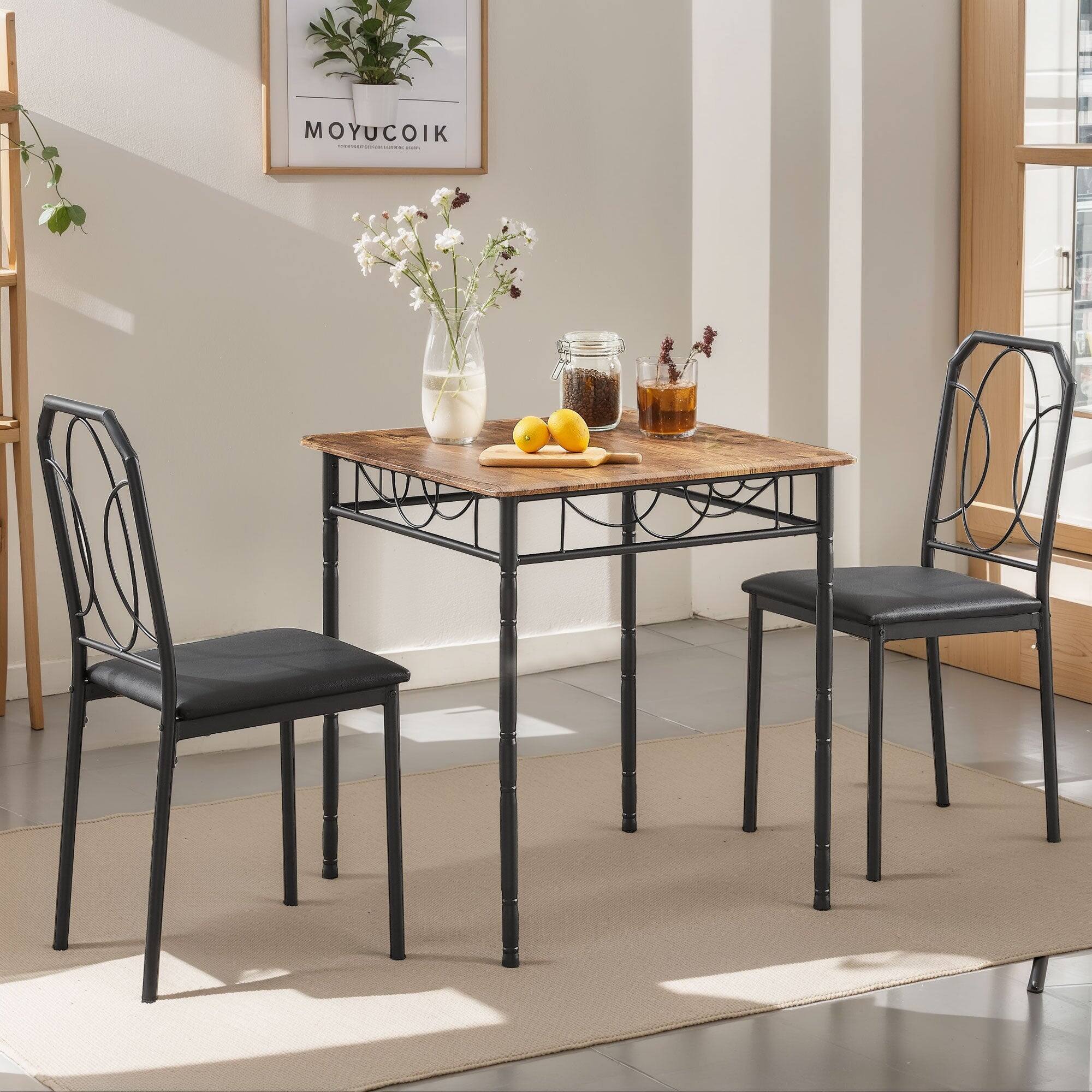 Angle. Vecelo - Modern 3 Piece Kitchen Table Set with 2 Ergonomic Chairs, Space-Saving Dining Set for Small Apartments or Condos - Brown.