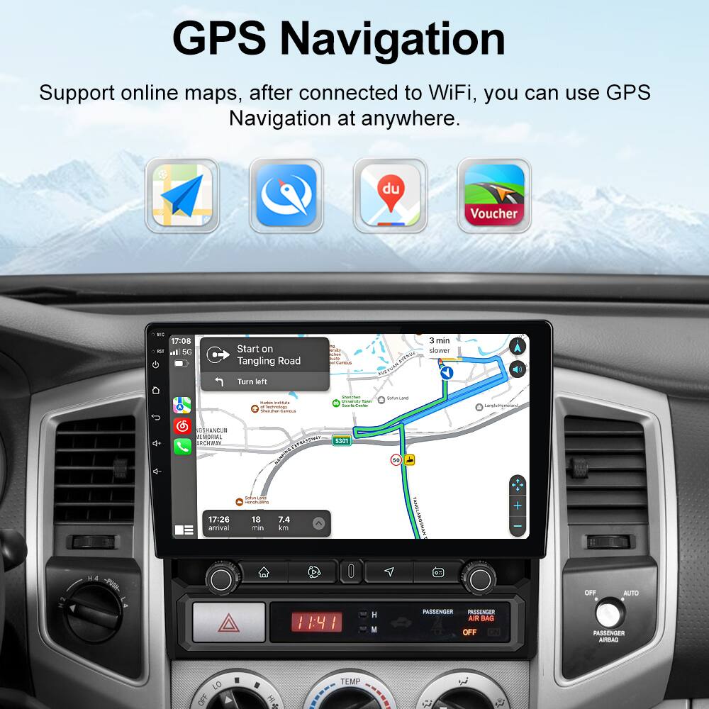 GPS Navigation  
Support online maps, after connected to WiFi, you can use GPS Navigation anywhere.

du Voucher

17:08  
Start on Tangling Road  
Turn left  
3 min slower

17:26  
arrival  
18 min  
7.4 km

PASSSENGER AIRBAG OFF  
AUTO PASSENGER AIRBAG LO OFF  
TEMP