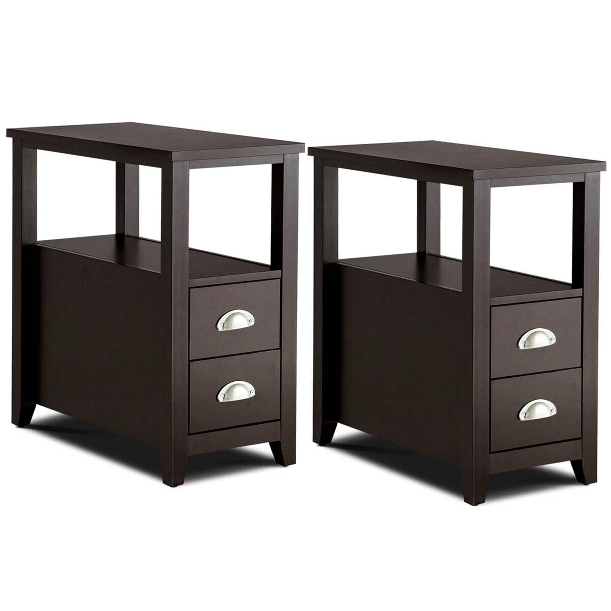 Gymax - Set of 2 End Bedside Table Rectangular Nightstand W/ 2 Drawers & Shelf - Espresso