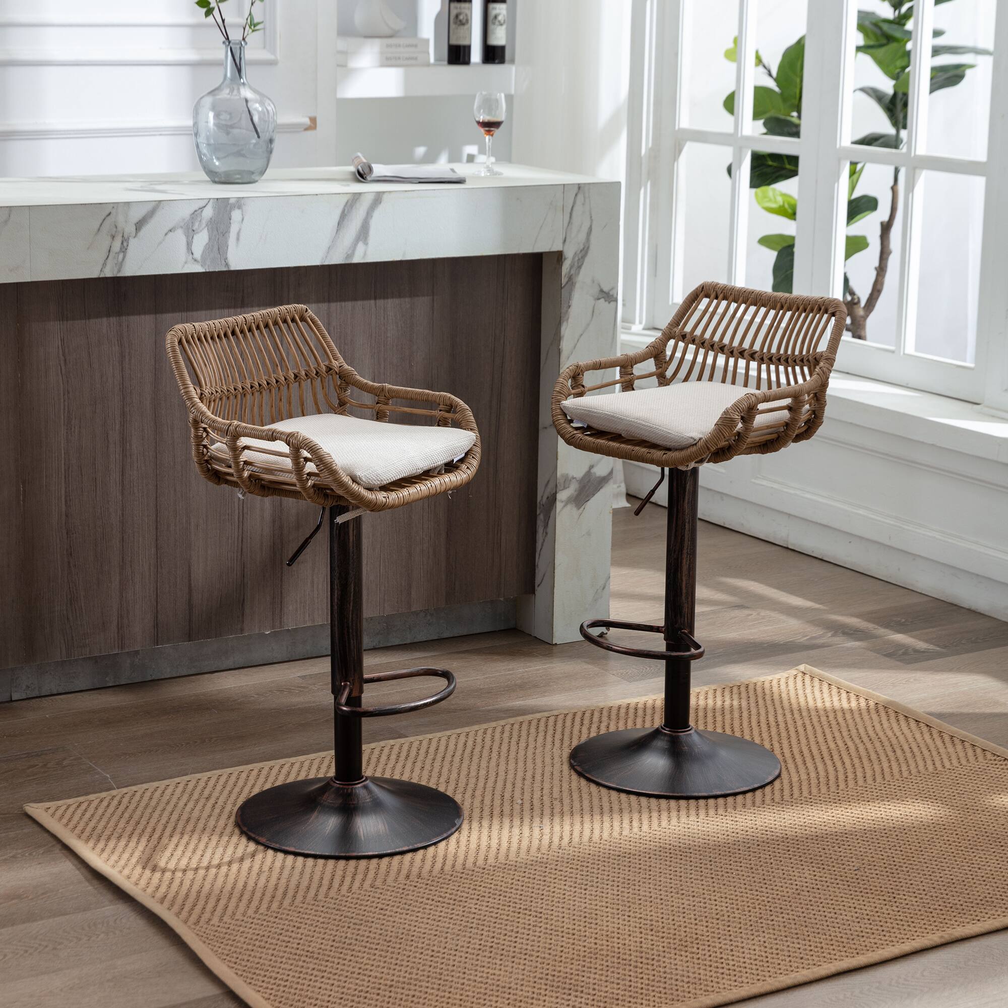 Angle. Trinkets Crazed - Rattan Bar Stools Set of 2, Adjustable Barstools with Linen Cushion, 360° Swivel Bar Stool for Kitchen and Bar - Beige.