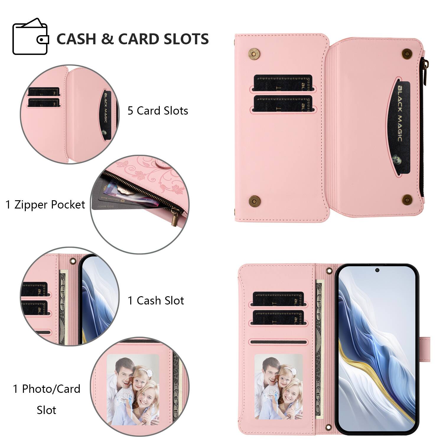 CASH & CARD SLOTS

- 5 Card Slots
- 1 Zipper Pocket
- 1 Cash Slot
- 1 Photo/Card Slot