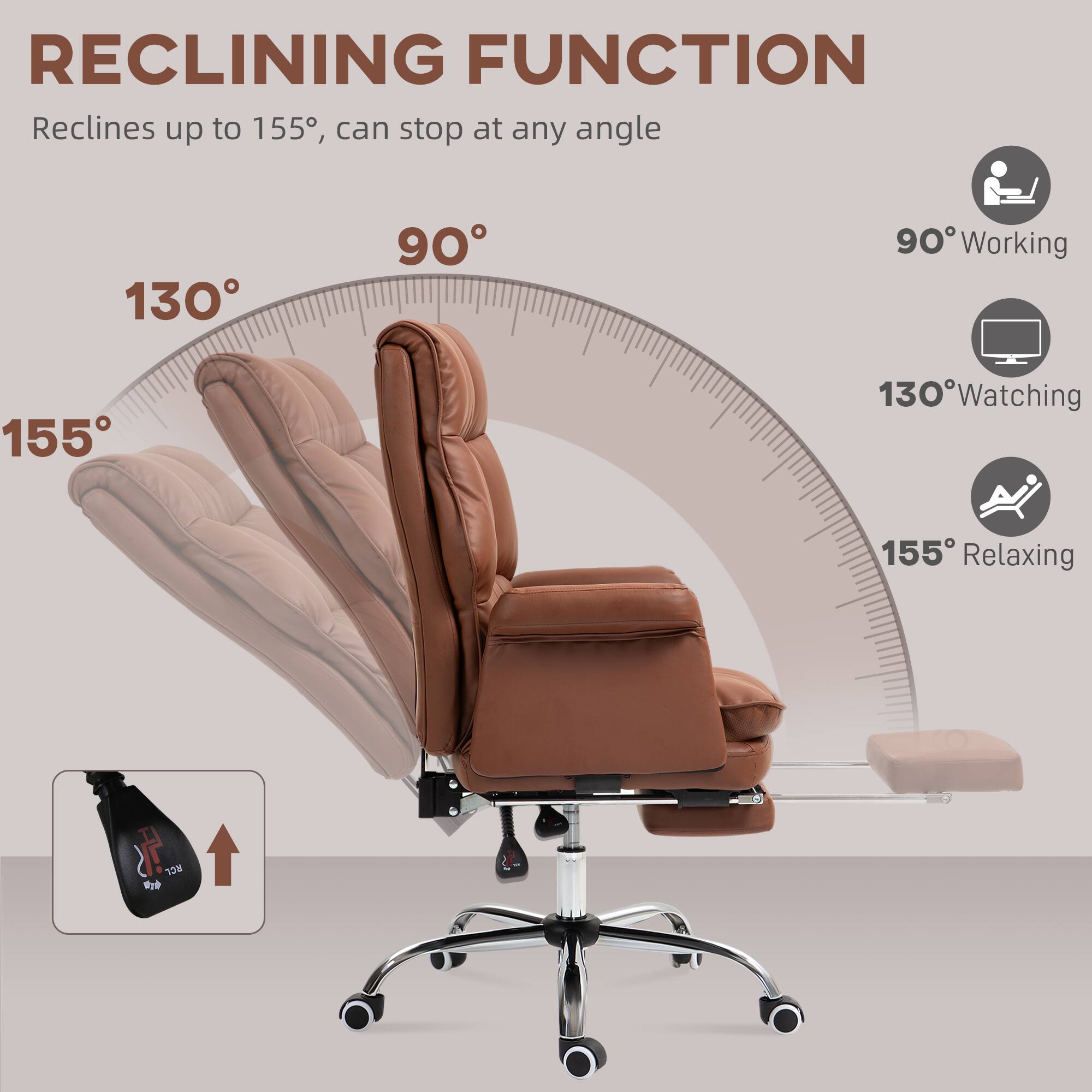 RECLINING FUNCTION Reclines up to 155, can stop at any angle 130 90 90 Working 130 Watching 155 Relaxing