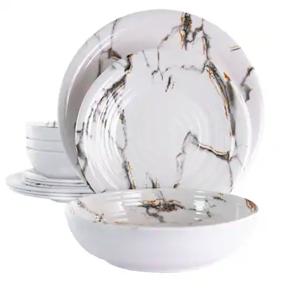 Front. Elama - Elama Fine Sculpture 12 Piece Lightweight Melamine Dinnerware Set in White - White.