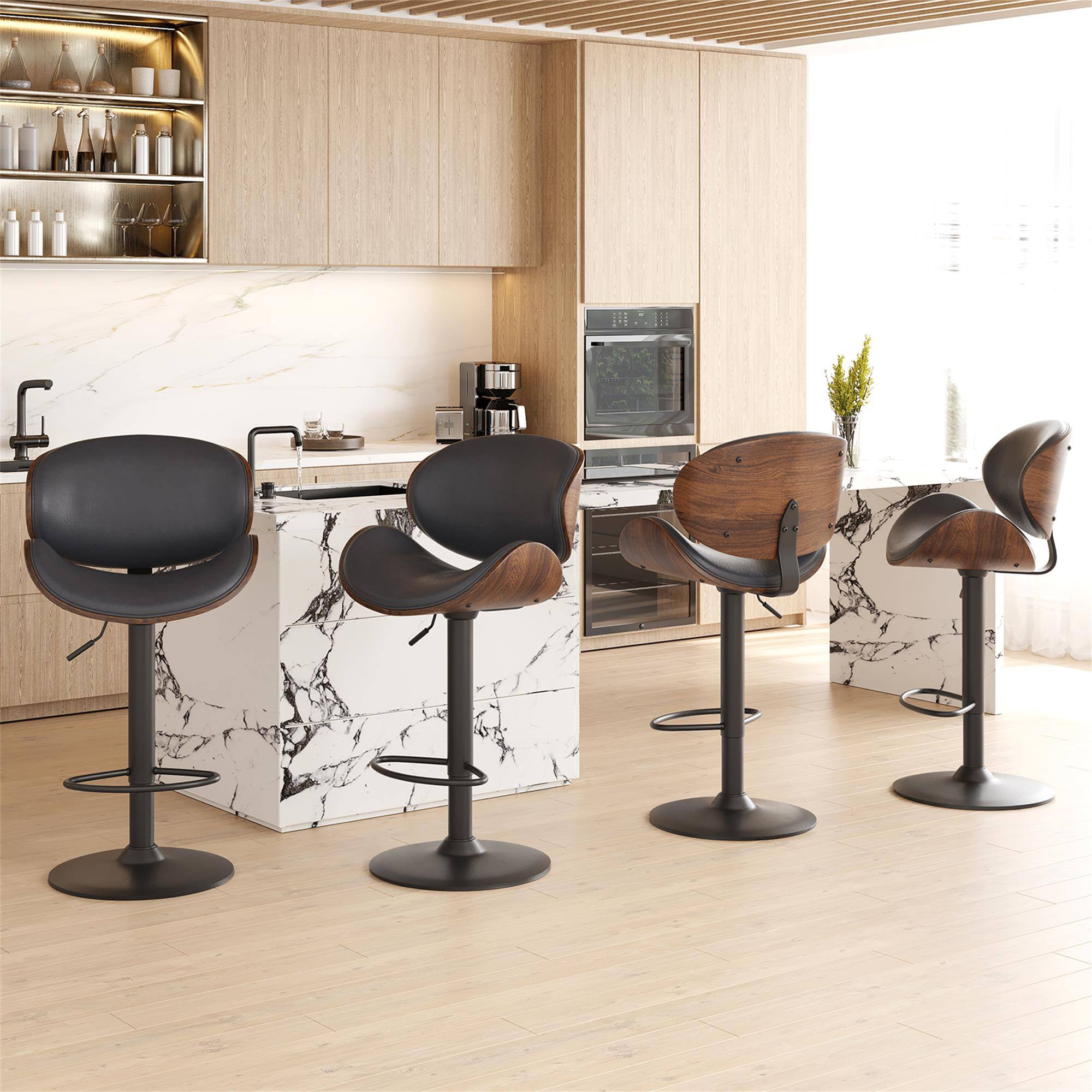 Alt View 3. Boyel Living - Swivel Bar Stools Set of 2 Adjustable Height Bentwood Barstools with PU Leather Seat - Black.