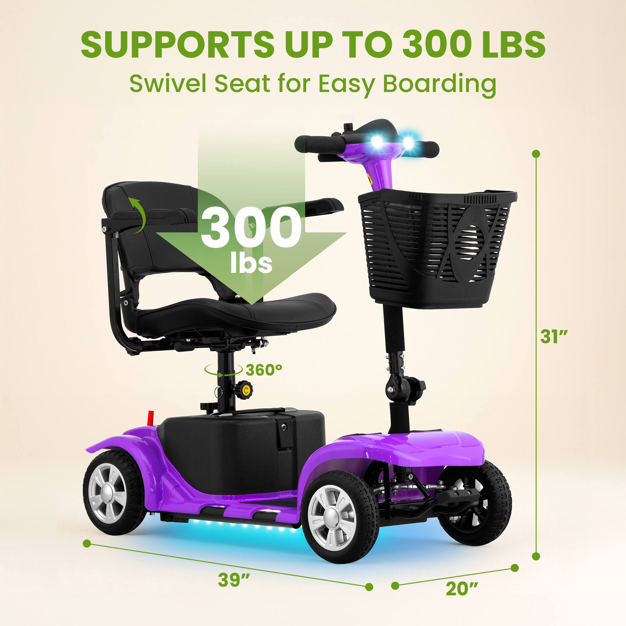 SUPPORTS UP TO 300 LBS  
Swivel Seat for Easy Boarding  

300 lbs  
31"  
360°  
39"  
20"