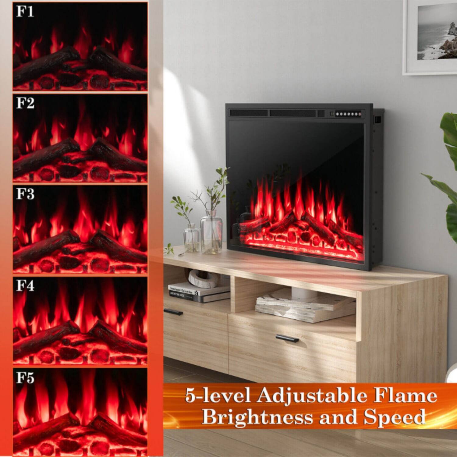 F1 F2 F3 F4 F5  
5-level Adjustable Flame Brightness and Speed