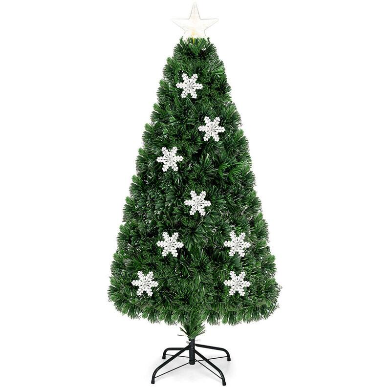 Angle. WELLFOR - 5 ft Prelit Fiber‑Optic Artificial Christmas Tree with Multicolor Lights& Snowflake‑Star Ornaments for Xmas Small‑Space - Green.