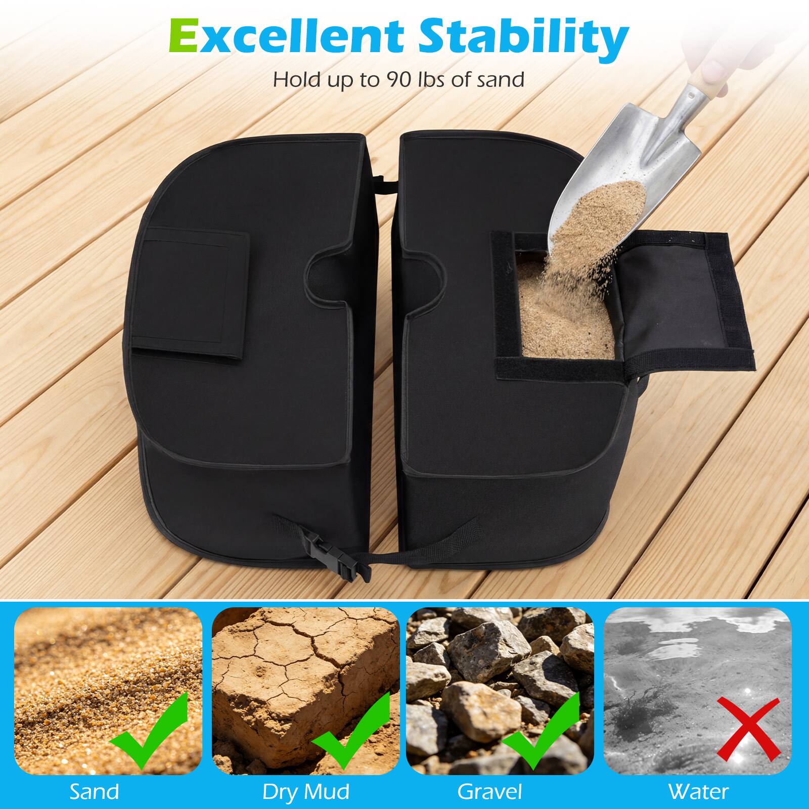 Excellent Stability  
Hold up to 90 lbs of sand  

Sand ✓  
Dry Mud ✓  
Gravel ✓  
Water ✗