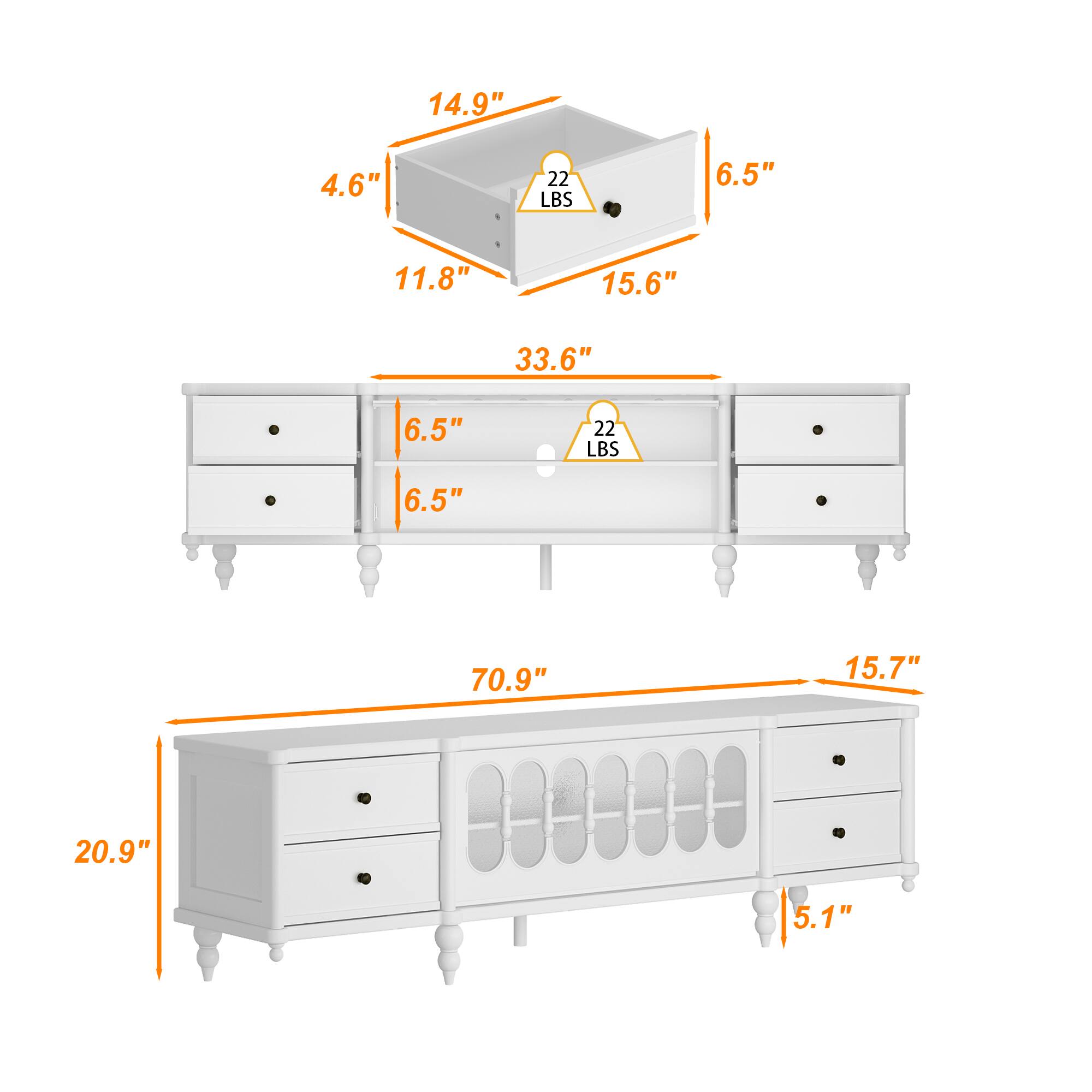 14.9", 4.6", 22 LBS, 6.5", 11.8", 15.6", 33.6", 6.5", 22 LBS, 6.5", 70.9", 15.7", 20.9", 5.1"