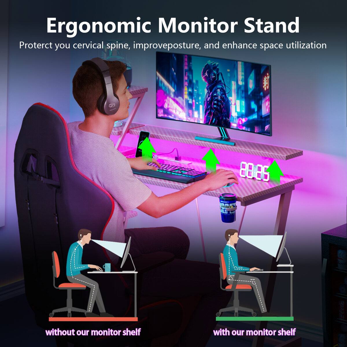 Ergonomic Monitor Stand  
Protect your cervical spine, improve posture, and enhance space utilization  

without our monitor shelf  
with our monitor shelf