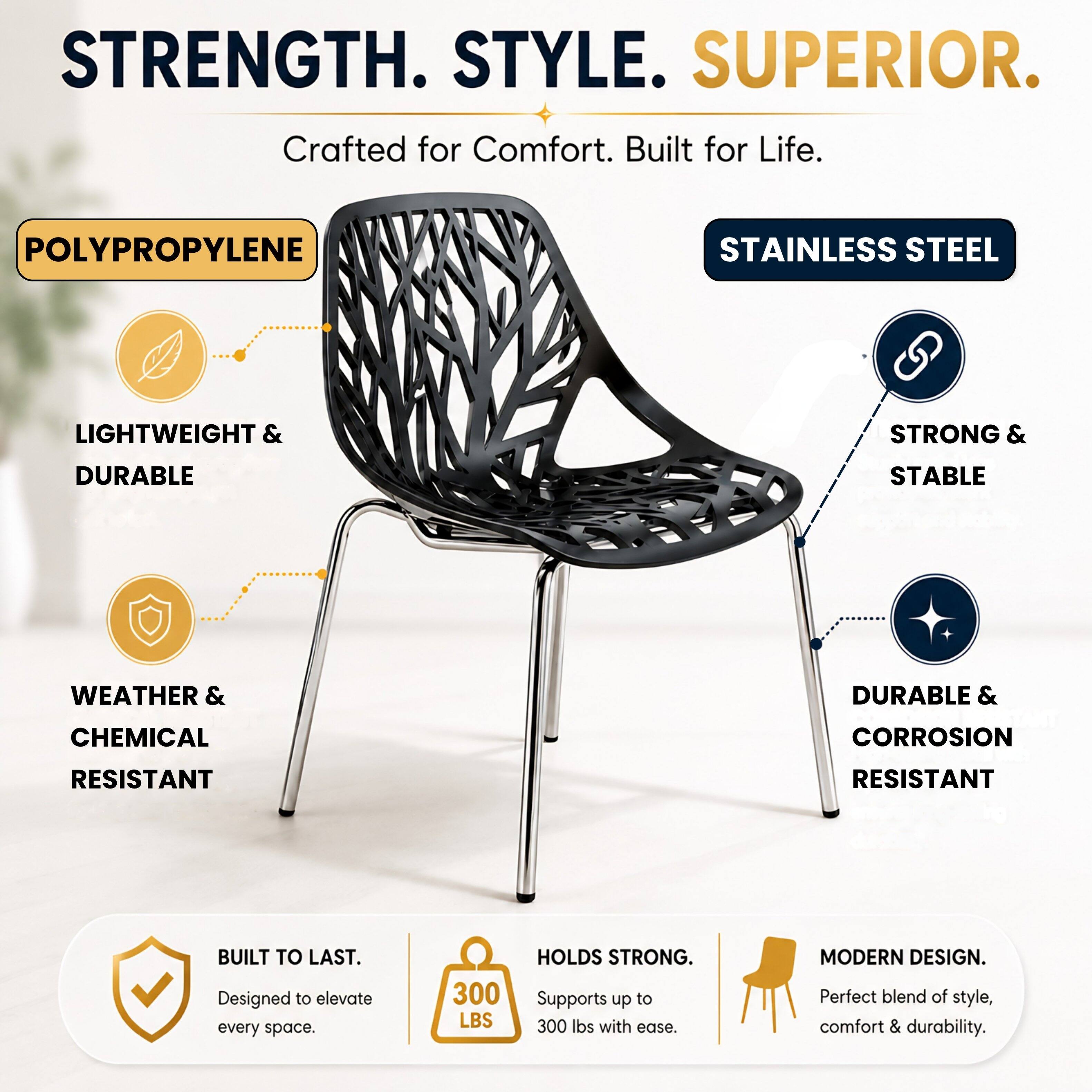 STRENGTH. STYLE. SUPERIOR.  
Crafted for Comfort. Built for Life.  

POLYPROPYLENE  
LIGHTWEIGHT & DURABLE  
WEATHER & CHEMICAL RESISTANT  

STAINLESS STEEL  
STRONG & STABLE  
DURABLE & CORROSION RESISTANT  

BUILT TO LAST.  
Designed to elevate every space.  

300 LBS HOLDS STRONG.  
Supports up to 300 lbs with ease.  

MODERN DESIGN.  
Perfect blend of style, comfort & durability.
