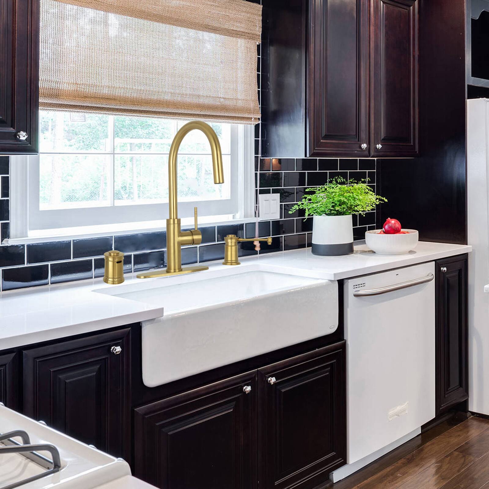 Alt View 5. Akicon - Akicon Brass Built-in Soap Dispenser for Kitchen Sink Top Refill with 17 oz. Bottle in Brushed Gold - Brushed Gold.