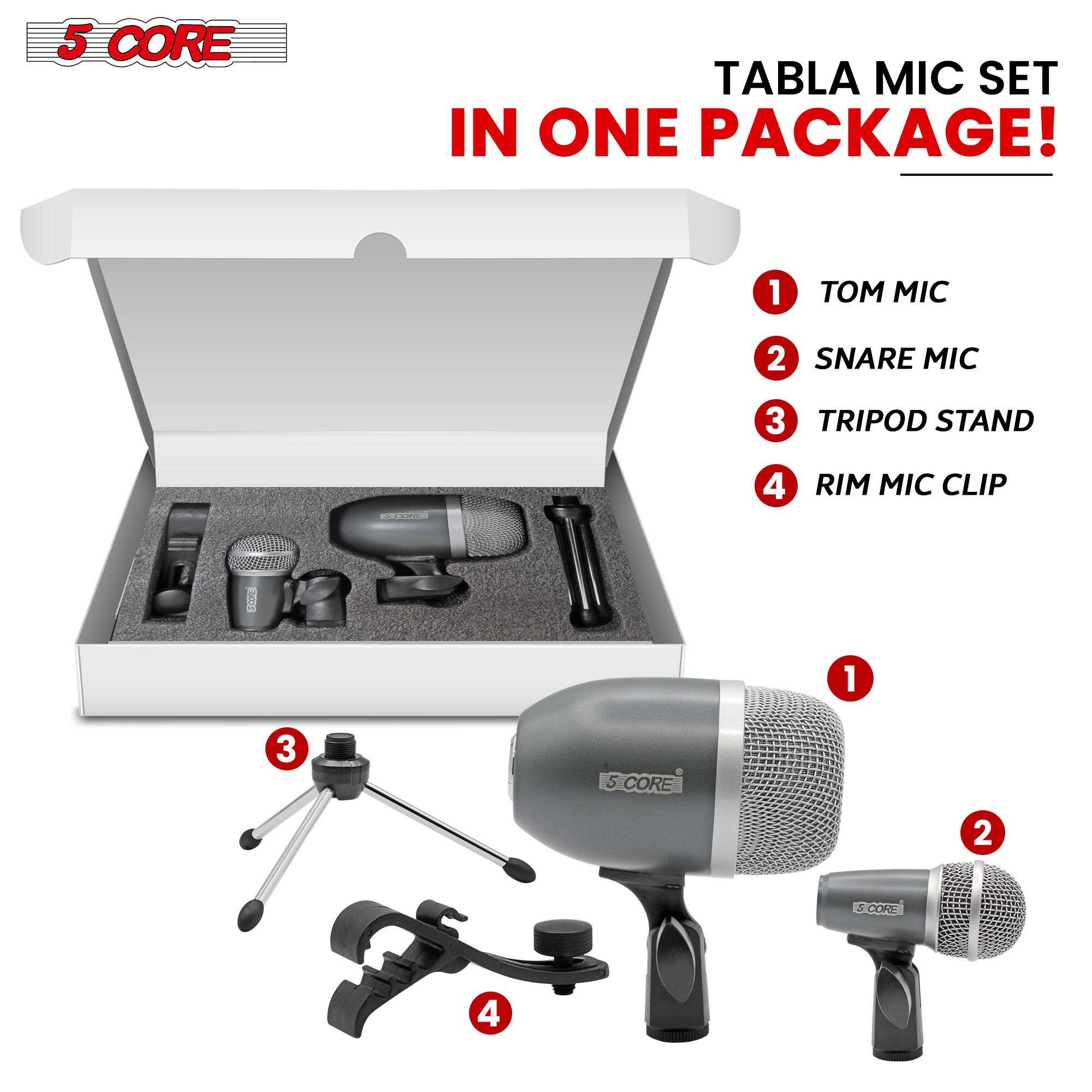 5 CORE TABLA MIC SET IN ONE PACKAGE!  
1. TOM MIC  
2. SNARE MIC  
3. TRIPOD STAND  
4. RIM MIC CLIP
