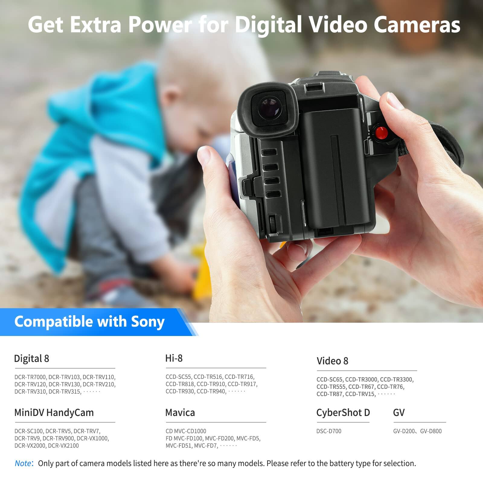 Get Extra Power for Digital Video Cameras

Compatible with Sony

Digital 8
- DCR-TR7000, DCR-TRV103, DCR-TRV110, DCR-TRV120, DCR-TRV130, DCR-TRV210, DCR-TRV310, DCR-TRV315, ...

Hi-8
- CCD-SCS5, CCD-TRS16, CCD-TR716, CCD-TR818, CCD-TR910, CCD-TR917, CCD-TR930, CCD-TR940, ...

Video 8
- CCD-SC65, CCD-TR3000, CCD-TR3300, CCD-TRS55, CCD-TR67, CCD-TR76, CCD-TR87, CCD-TRV15, ...

MiniDV HandyCam
- DCR-SC100, DCR-TRV5, DCR-TRV7, DCR-TRV9, DCR-TRV900, DCR-V